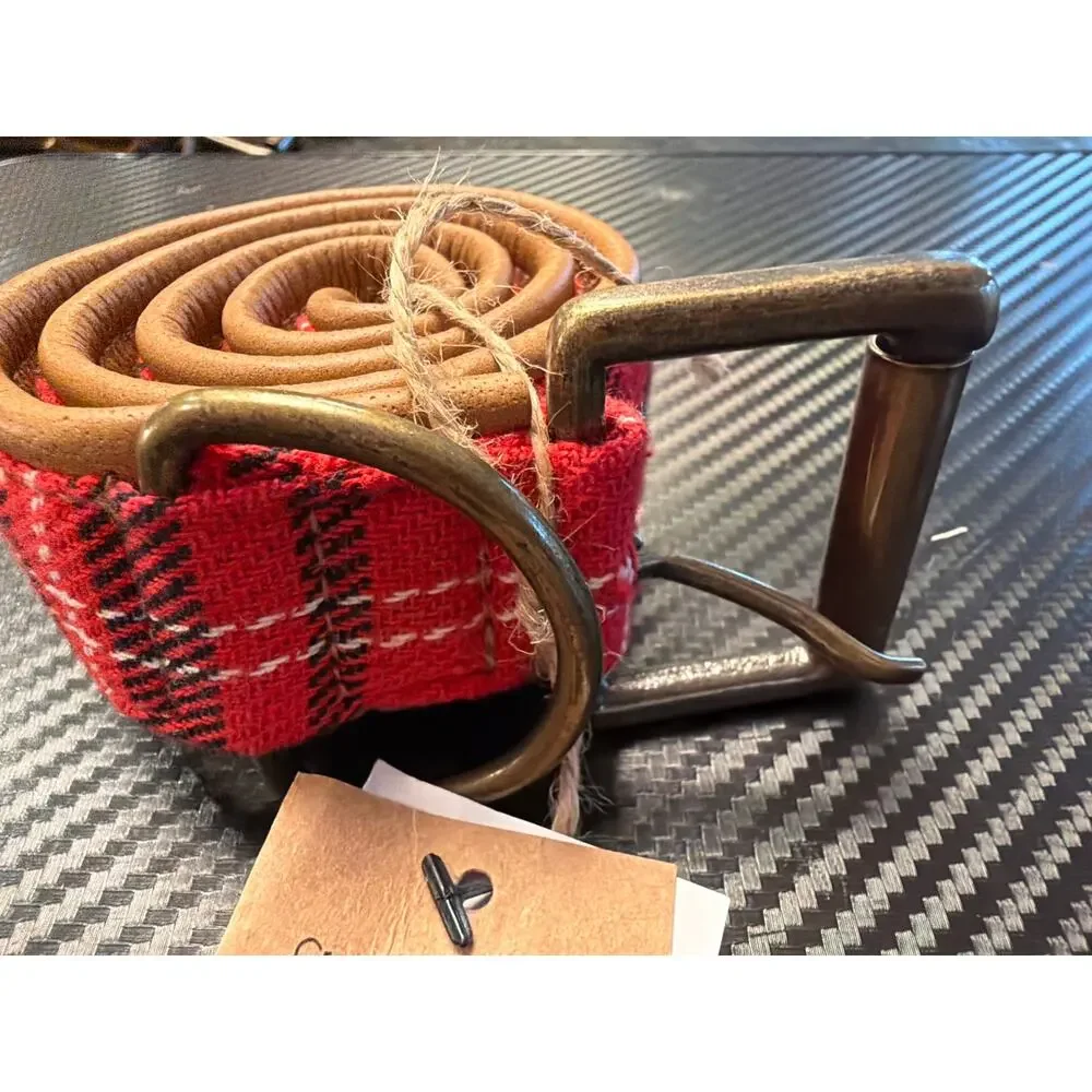 NWT Creative Co-op Cotton & Leather Large Red Plaid Dog Collar Item # XS5767A